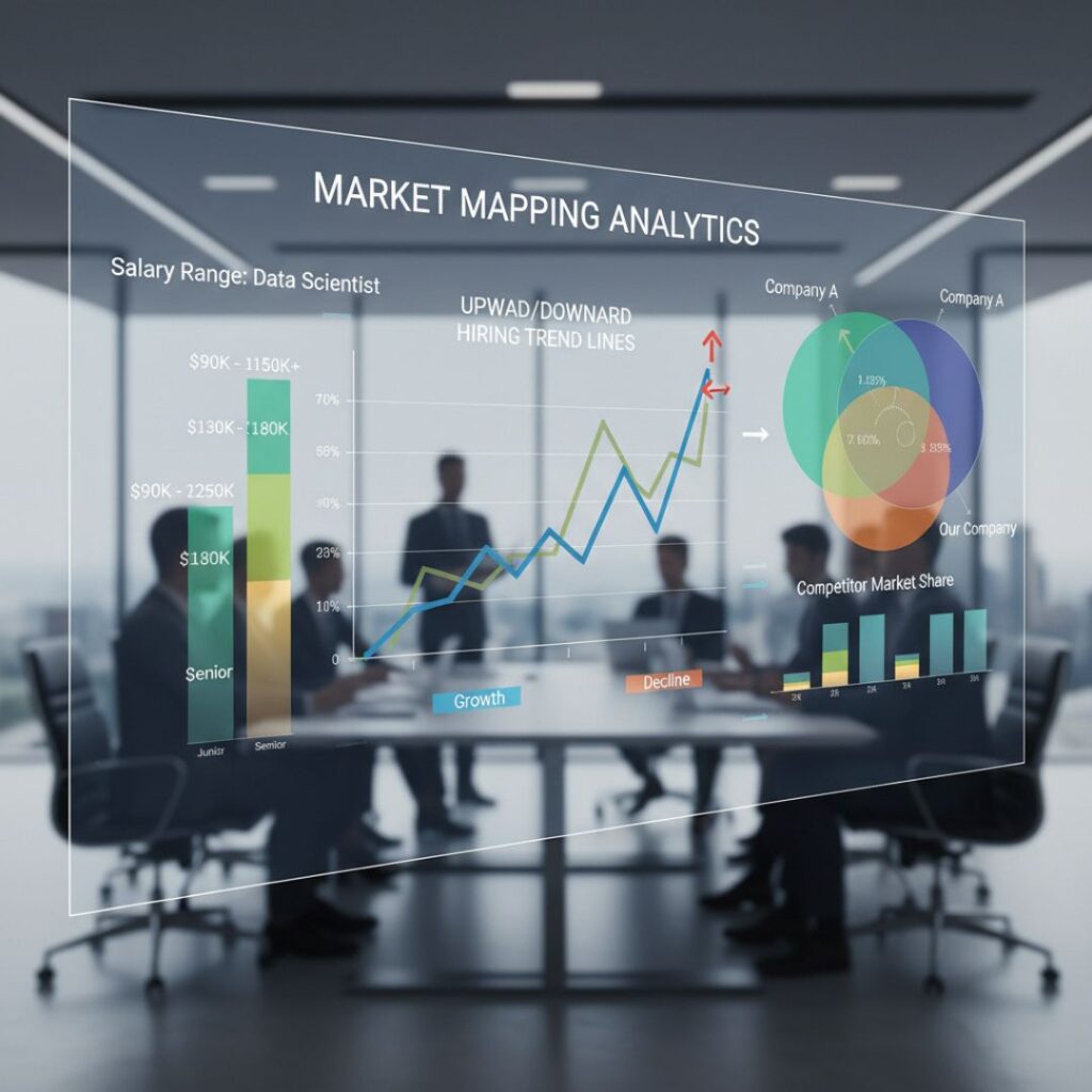 Board of directors in a meeting View trough a glass with a chart visualizing figures and marketing mapping analytics
